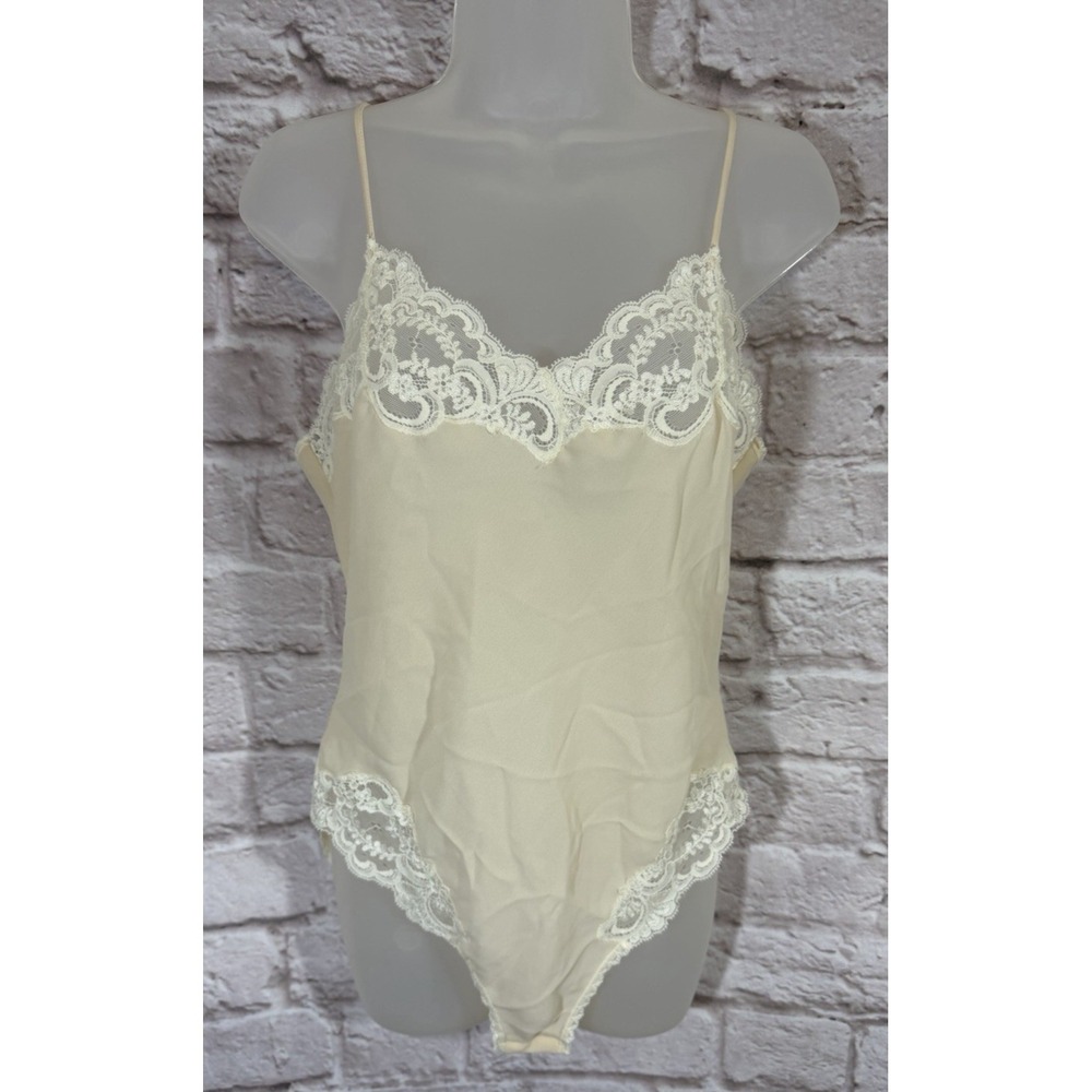 Cacique Lingerie Beige Teddy Romper Lace Snap Crotch Large Wedding Sexy Sheer